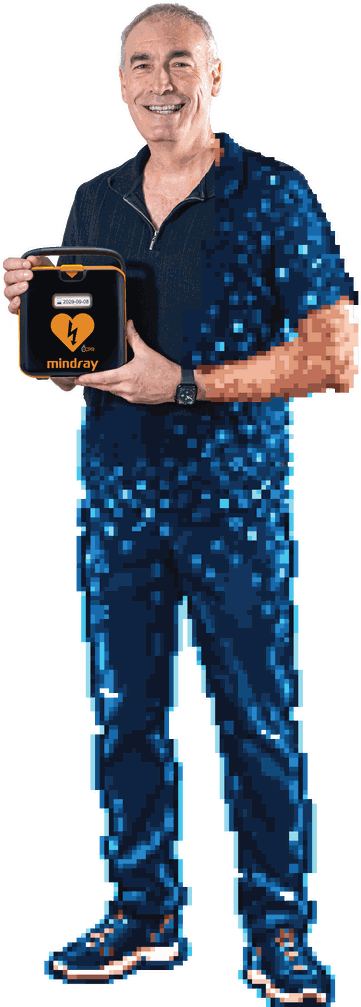 Greg holding a Mindray AED, drawn in 8-bit pixel style